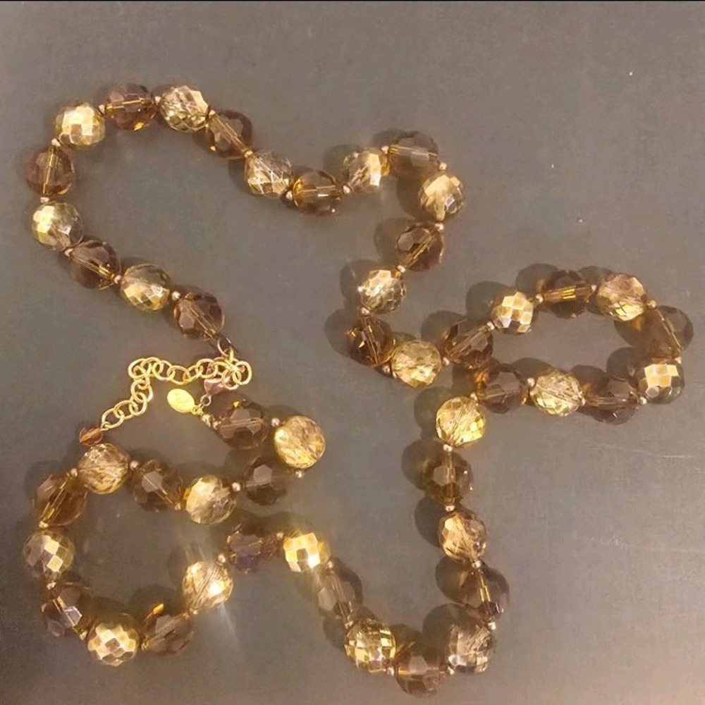Vtg Joan Rivers Gold Tone Faceted Bead Necklace 33" Amber Tone Beads Signed Long